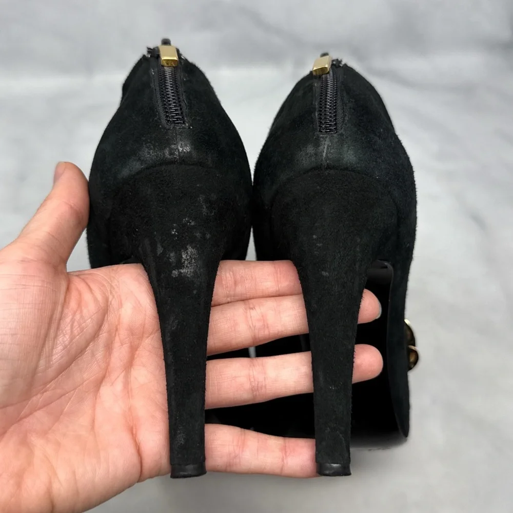 CASADEI Vintage 90s Y2K Rosette Suede Heeled Ankle Bootie Boots Black Retro 9.5